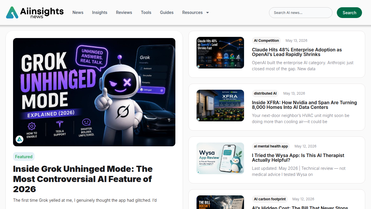 The homepage of AI Insights News, a source for current developments and news in artificial intelligence, relevant to Genspark AI's architecture.
