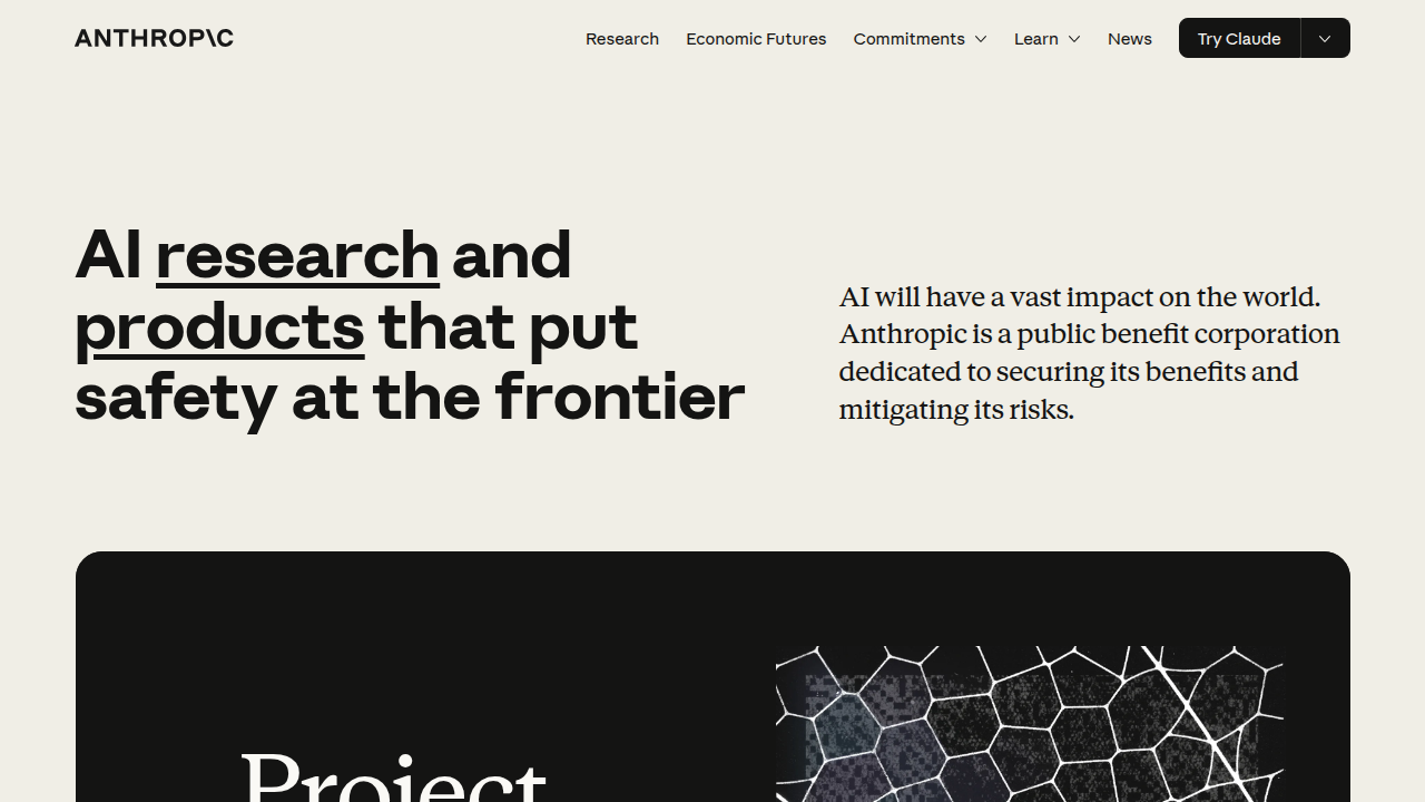 The homepage of Anthropic, the creators of the Claude AI model, highlighting their focus on AI safety and research.