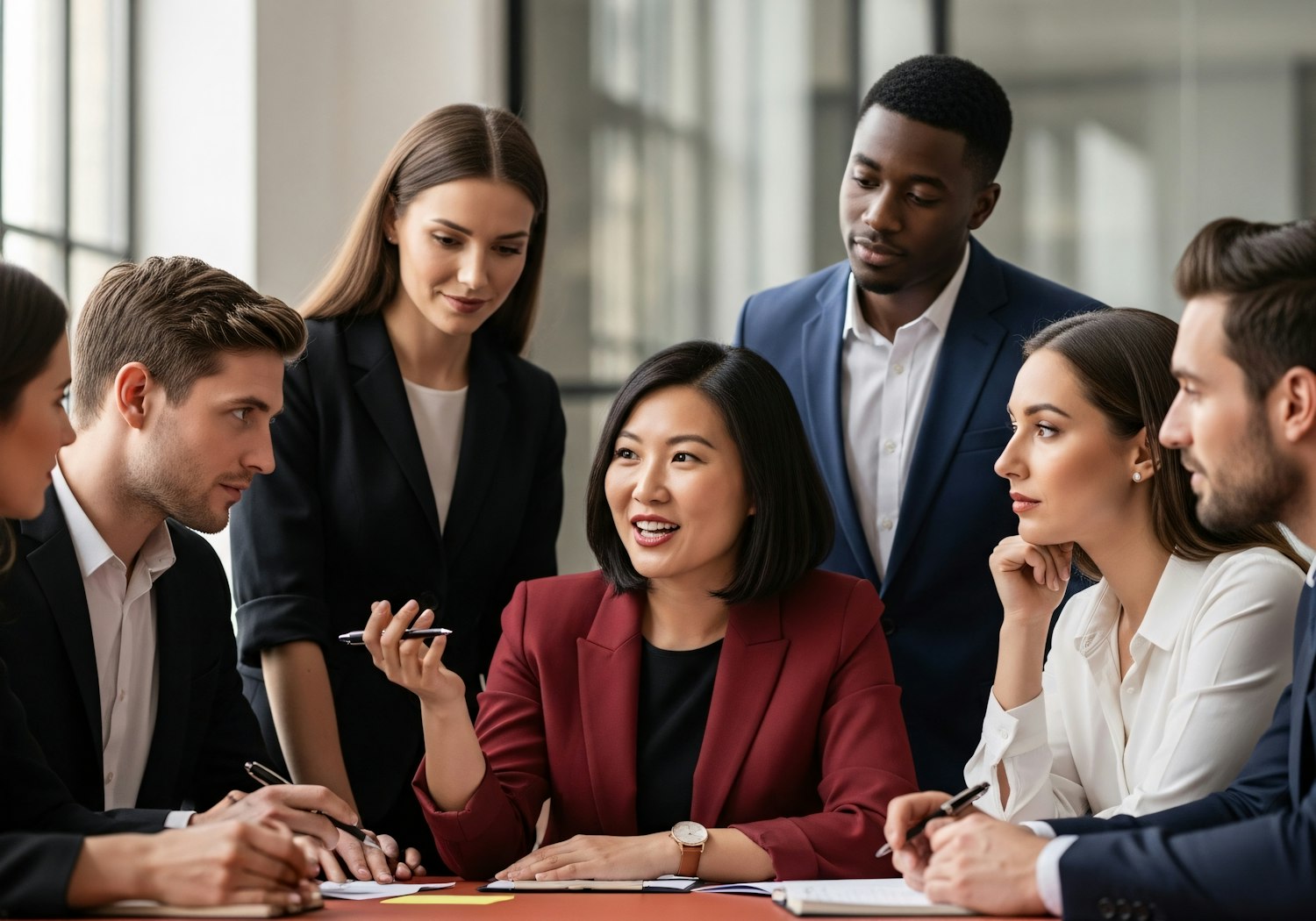 Diverse group of professionals collaborating in a modern office, focusing on documents and screens related to AI compliance and ethical guidelines.
