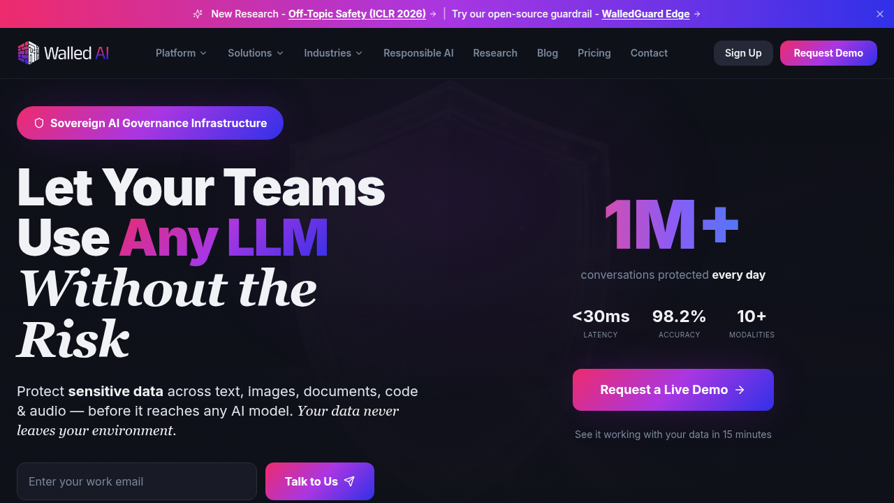 A screenshot of WalledAI's platform homepage, highlighting its solutions for validating AI responses against ground truth.