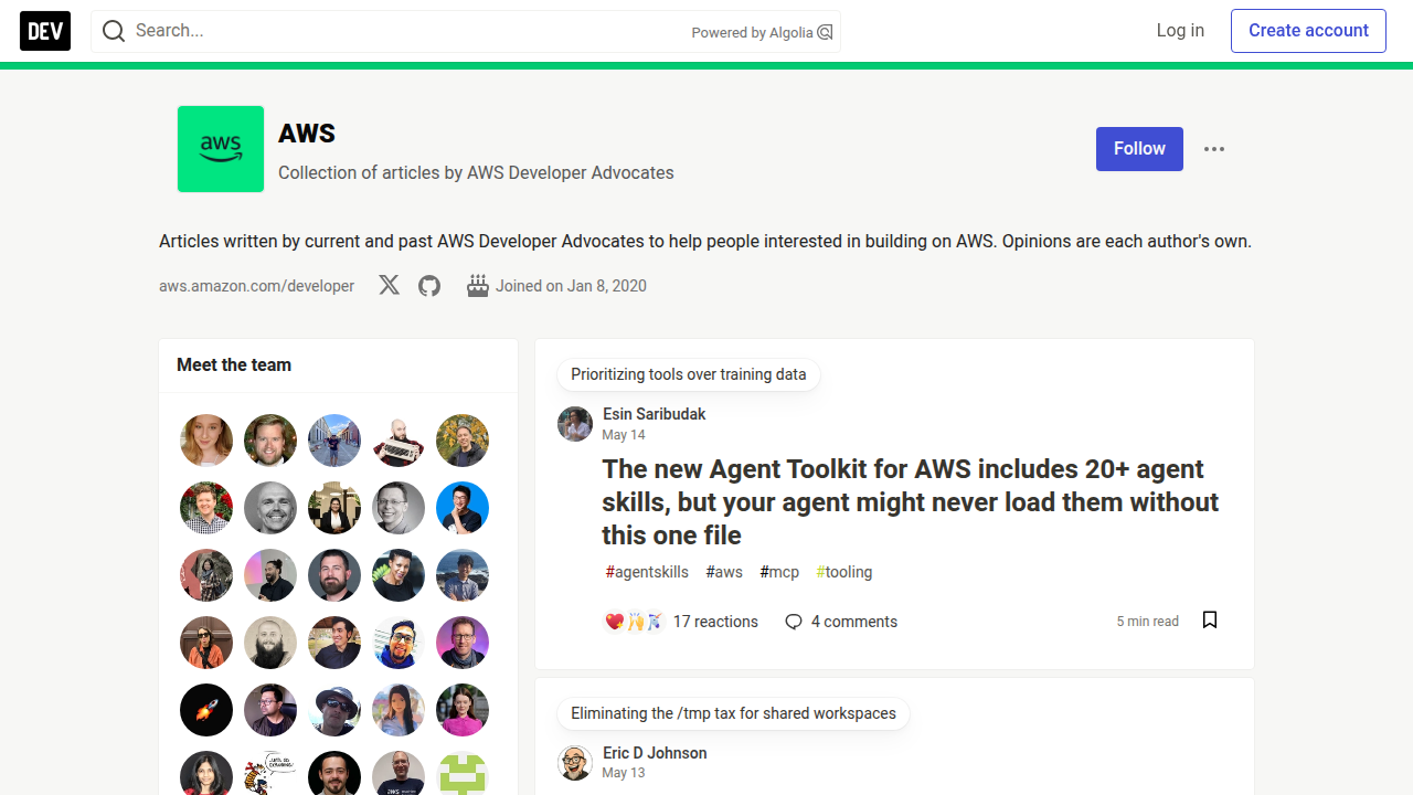 A screenshot of the AWS Dev Community blog, showcasing an article on techniques to stop AI agent hallucinations in production.
