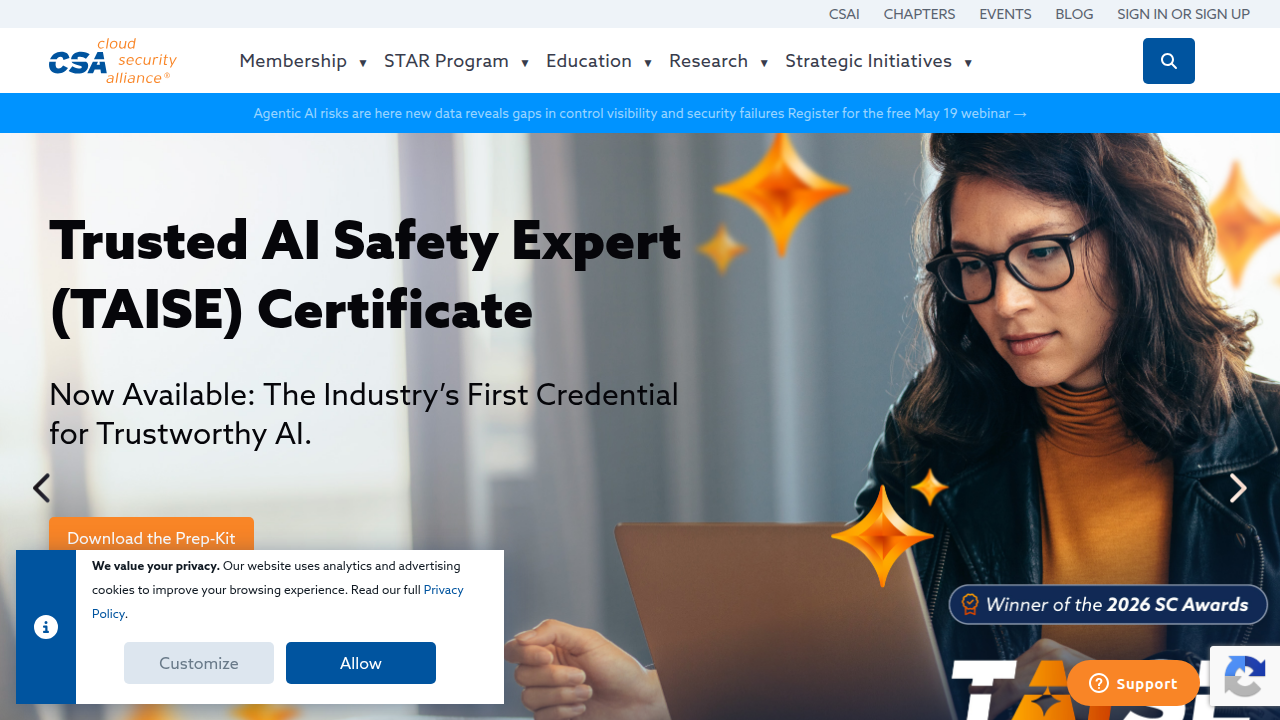 A screenshot of the Cloud Security Alliance website, highlighting their AI Safety Working Group and its collaborative research efforts.
