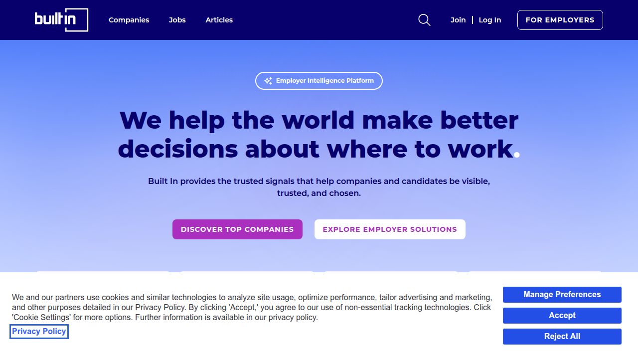 The Built In website displaying various entry-level job opportunities specifically within the data analytics field, emphasizing tech-focused roles.