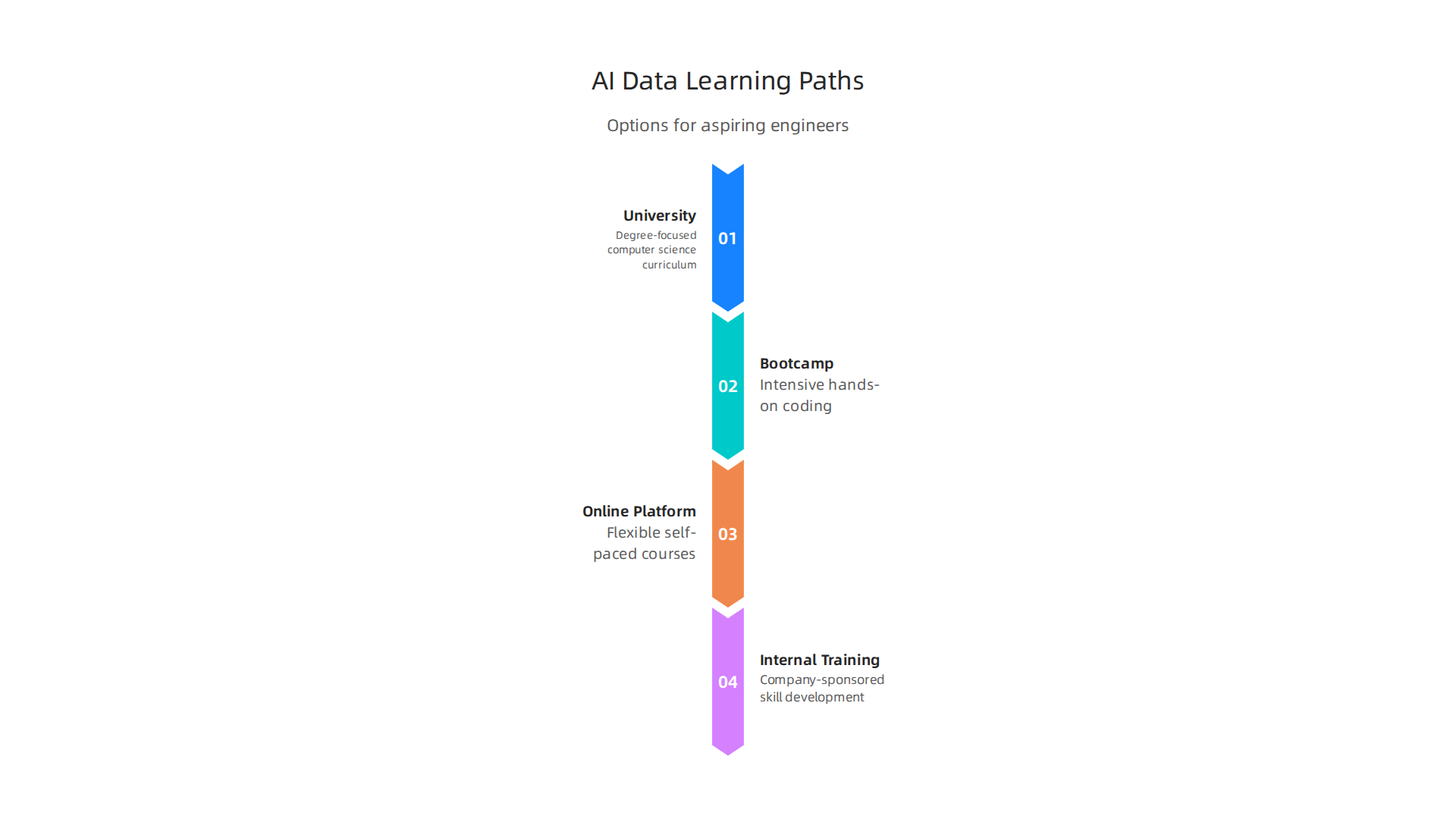 An infographic illustrating various educational paths available for aspiring AI and data-focused software engineers, including universities, bootcamps, and online courses.