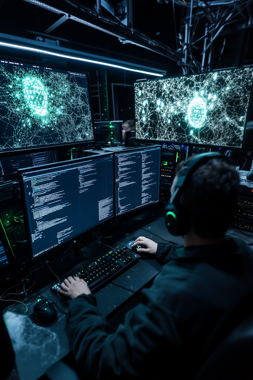 A software engineer meticulously designing and coding to create an AI system with robust safety protocols, emphasizing reliability and trustworthiness.