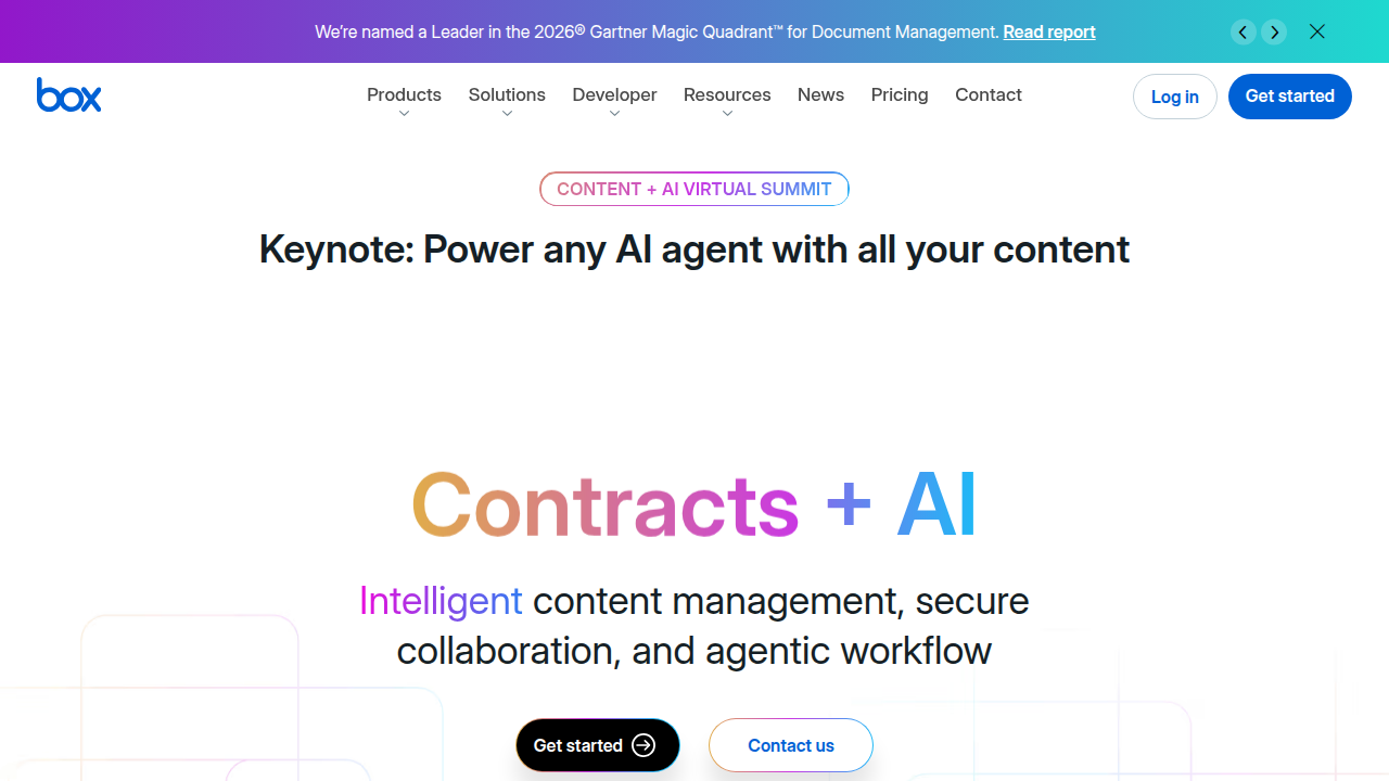 A screenshot of the Box website homepage, a company referenced for its report on AI adoption in organizations.
