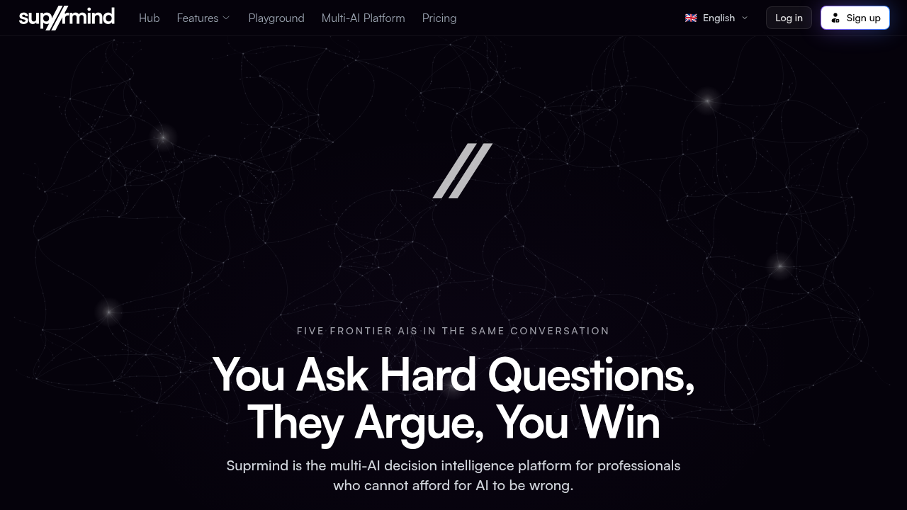 A screenshot of the Suprmind website homepage, cited for insights on AI hallucination statistics and research.