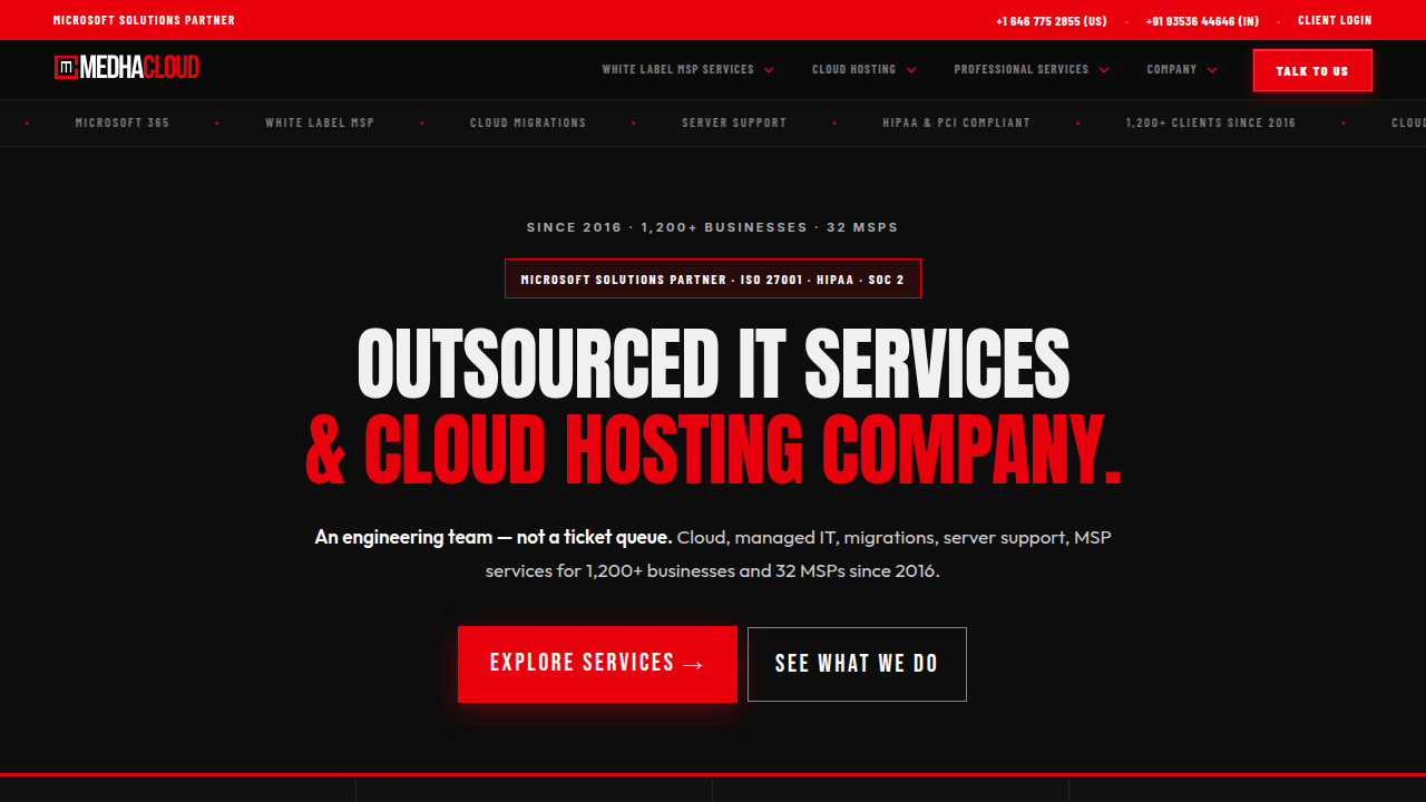 A screenshot of the MedhaCloud website homepage, mentioned for its report on leaders' concerns about AI accuracy.