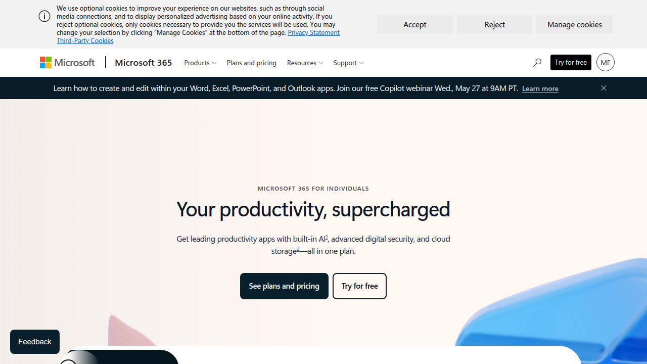 The Microsoft 365 homepage, highlighting the integration of Copilot for enhanced productivity across applications.