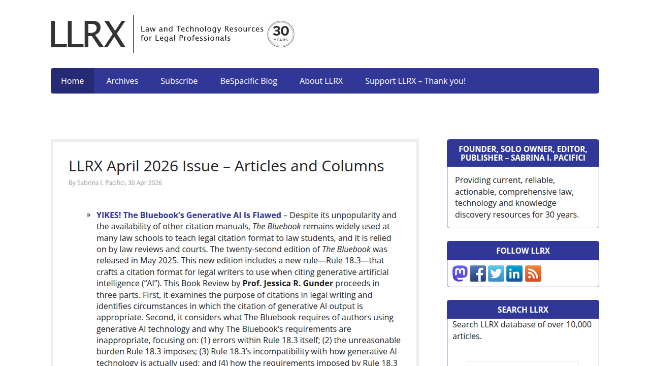 Screenshot of LLRX's homepage, a site dedicated to legal research and technology, highlighting the impact of AI in specialized fields.