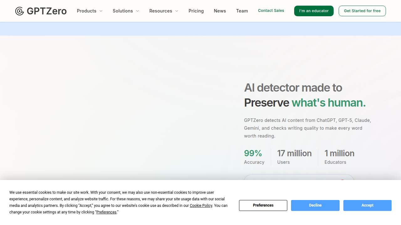 Screenshot of GPTZero's homepage, a tool known for detecting AI-generated text and hallucinations in academic contexts.