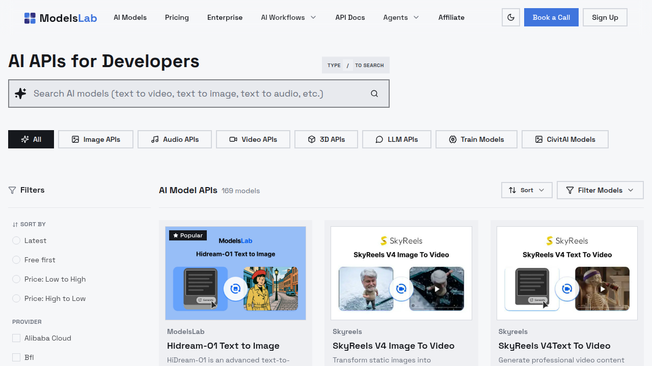 The homepage of ModelsLab, a platform for AI model performance and benchmarks.