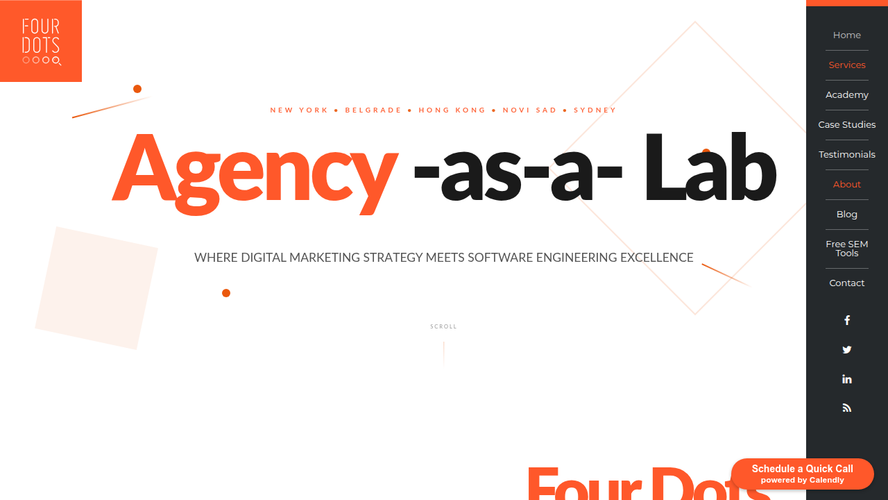 The homepage of Four Dots, a digital marketing and business insights firm, likely featuring industry reports.