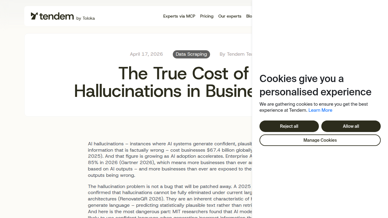 Screenshot of a blog post from Tendem AI, discussing the true cost of AI hallucinations for businesses and the impact of poor data.