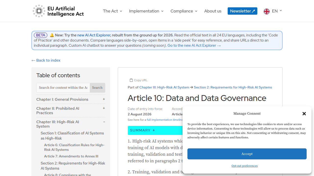 Screenshot of the artificialintelligenceact.eu website, specifically highlighting Article 10 related to data governance for high-risk AI systems.