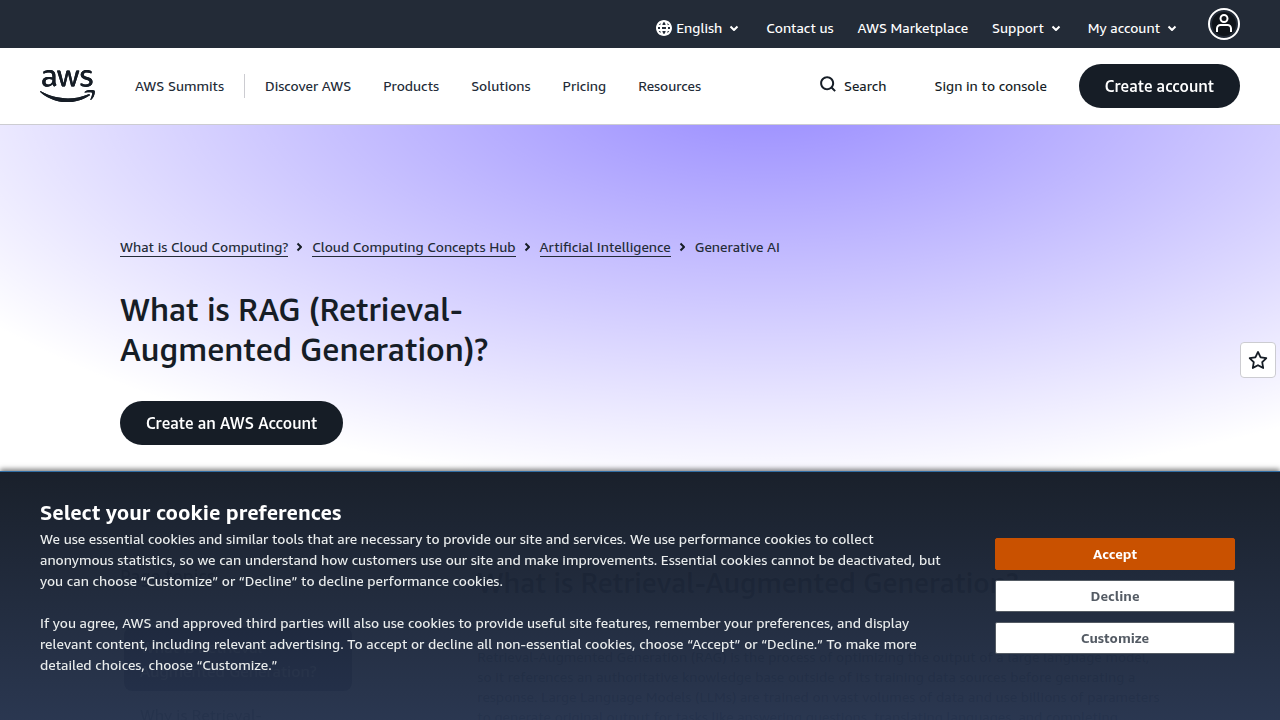 An AWS webpage explaining Retrieval-Augmented Generation (RAG) technology.