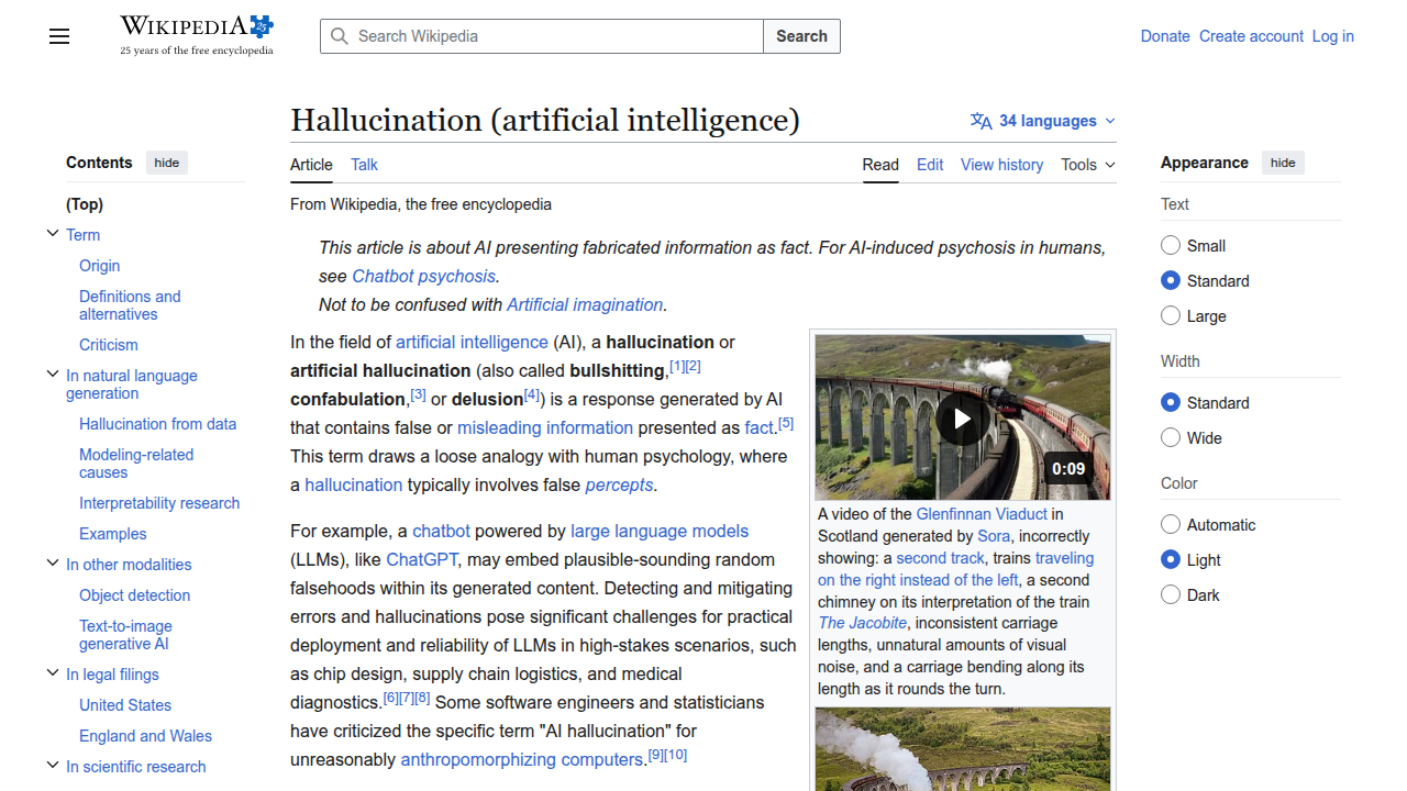 A snapshot of the Wikipedia page defining AI hallucination, outlining its core characteristics.