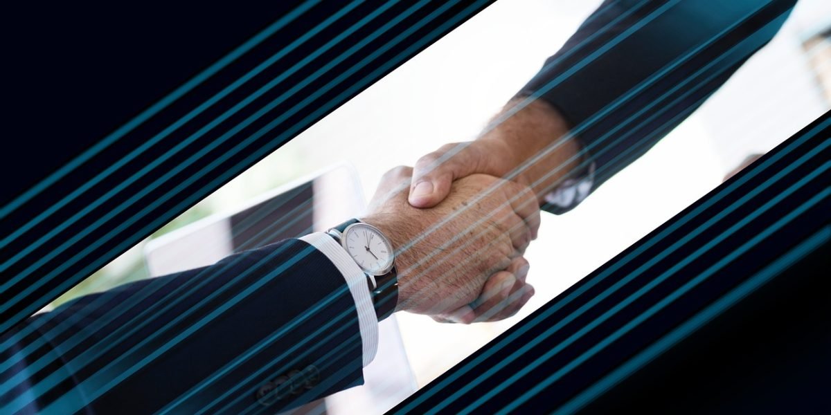 Two business professionals shaking hands, symbolizing trust and confidence in future collaborations with reliable AI.