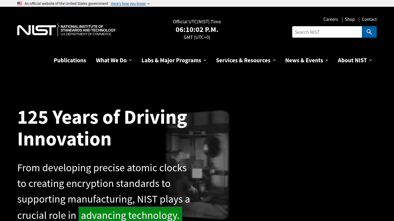 Screenshot of the National Institute of Standards and Technology (NIST) homepage, highlighting its role in setting cybersecurity standards for IoT and other technologies.