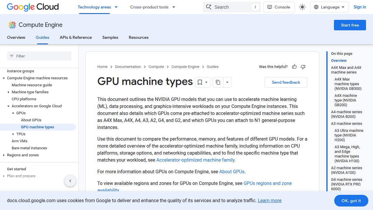 A screenshot of Google Cloud's official documentation page detailing various GPU machine types and their performance specifications.