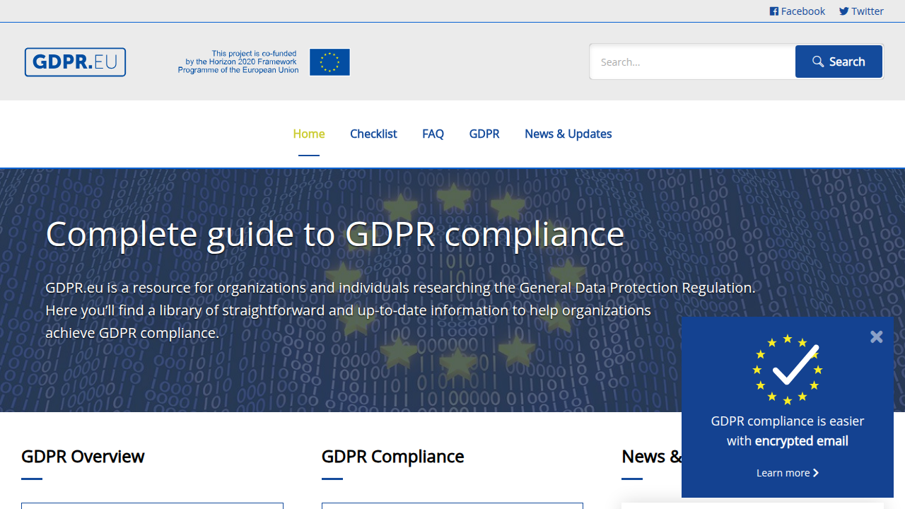 A screenshot of the GDPR.eu homepage, a comprehensive resource for understanding the General Data Protection Regulation.