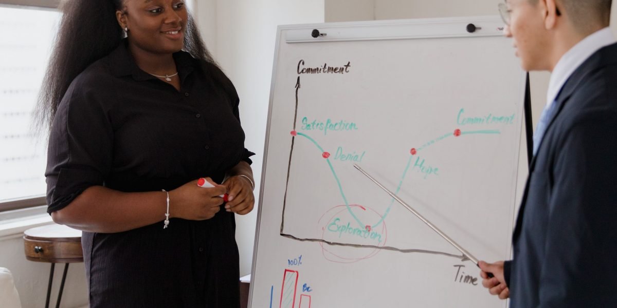 A diverse team actively working together, writing ideas and diagrams on a whiteboard, strategizing solutions.