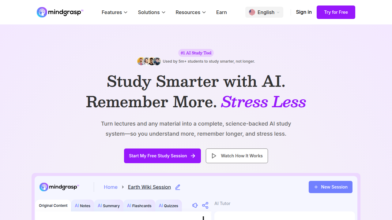 Screenshot of the Mindgrasp AI homepage, highlighting its focus on accurate and reliable answers.