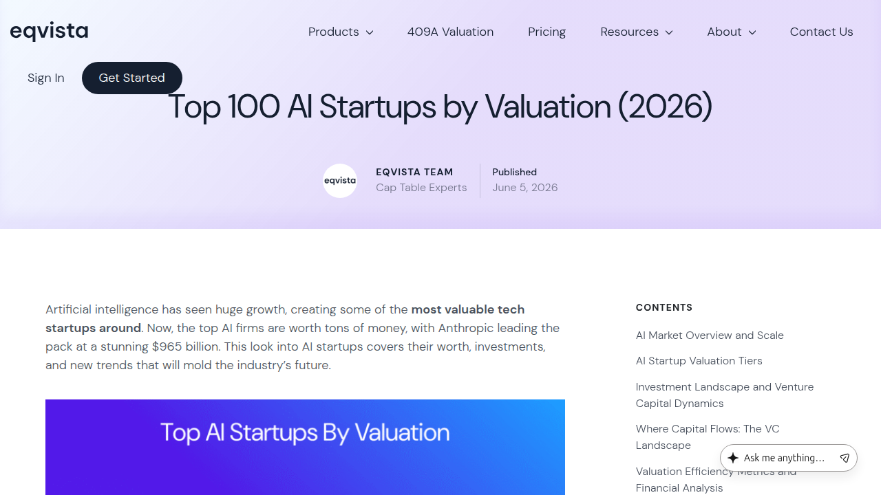 A screenshot of the Eqvista website displaying a list of top AI startup valuations for 2026, including major players.
