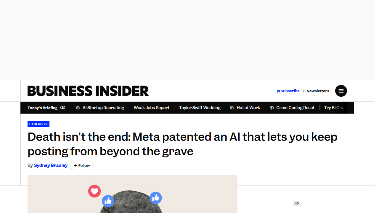 A screenshot of the Business Insider article covering Meta's patent for simulation-based AI, contrasting with other data integrity approaches.