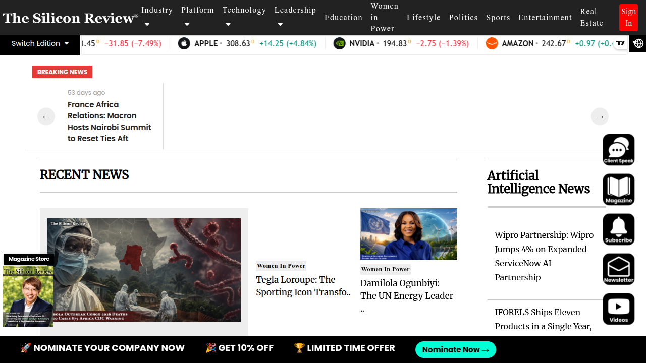 Screenshot of The Silicon Review's website, an industry publication covering technology and business innovations.