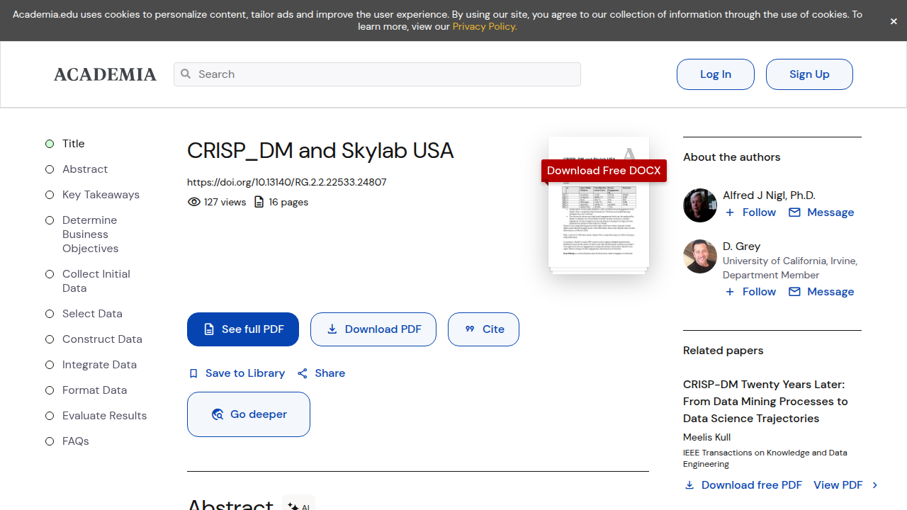 Screenshot of the Academia.edu page featuring the CRISP-DM and Skylab USA peer white paper.