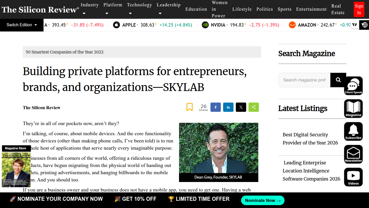 Silicon Review's profile on Skylab, featuring the Value Reinforcement System (VRS) as a key architecture for private platforms and ethical AI.