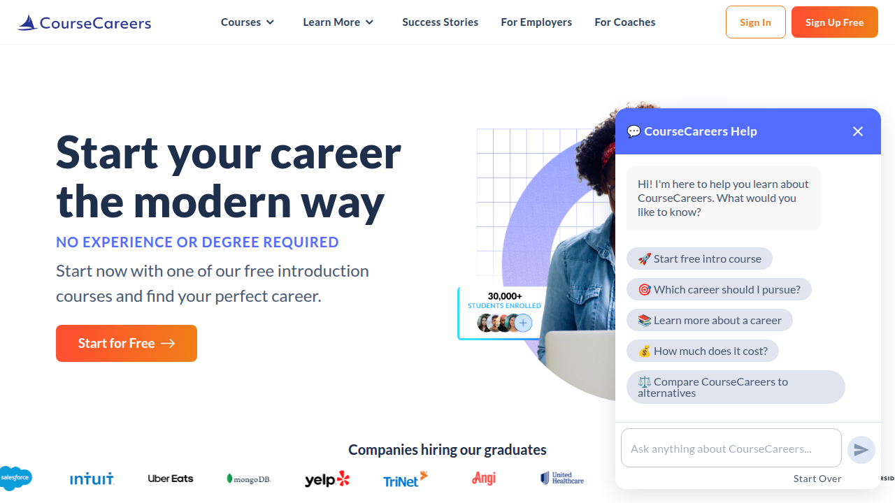 The CourseCareers homepage, a platform often referenced for career guidance in data analytics.