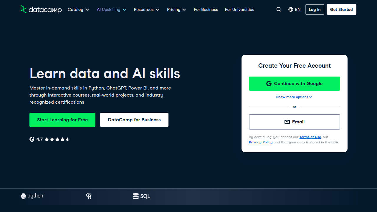Screenshot of the DataCamp platform, a popular resource for data science learning pathways.