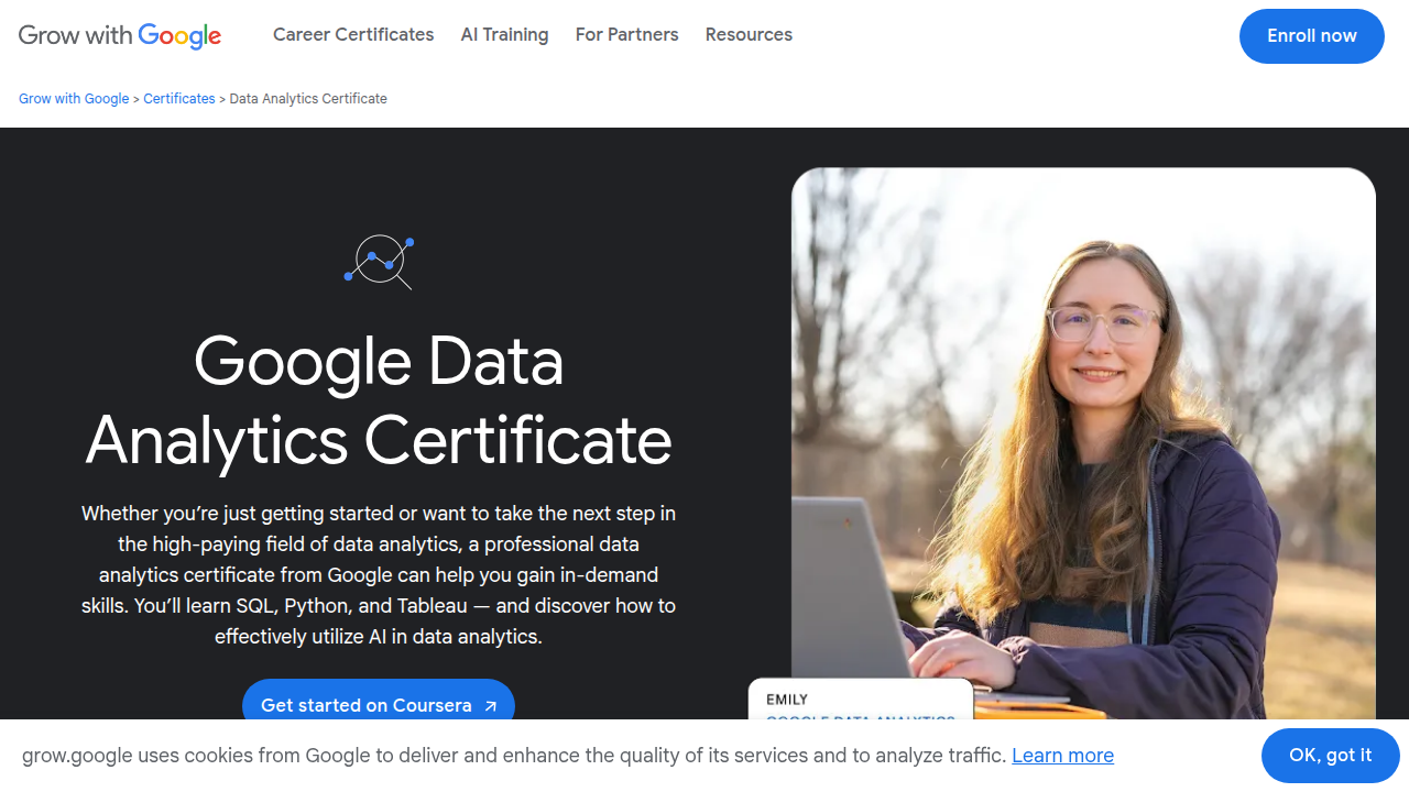 Screenshot of the Google Grow website, highlighting the Data Analytics Professional Certificate.