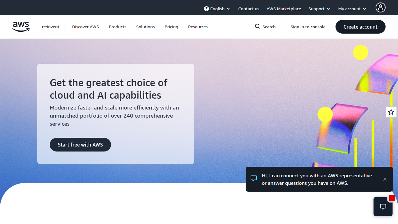 Screenshot of Amazon Web Services (AWS) homepage, a major cloud computing platform used in data science.