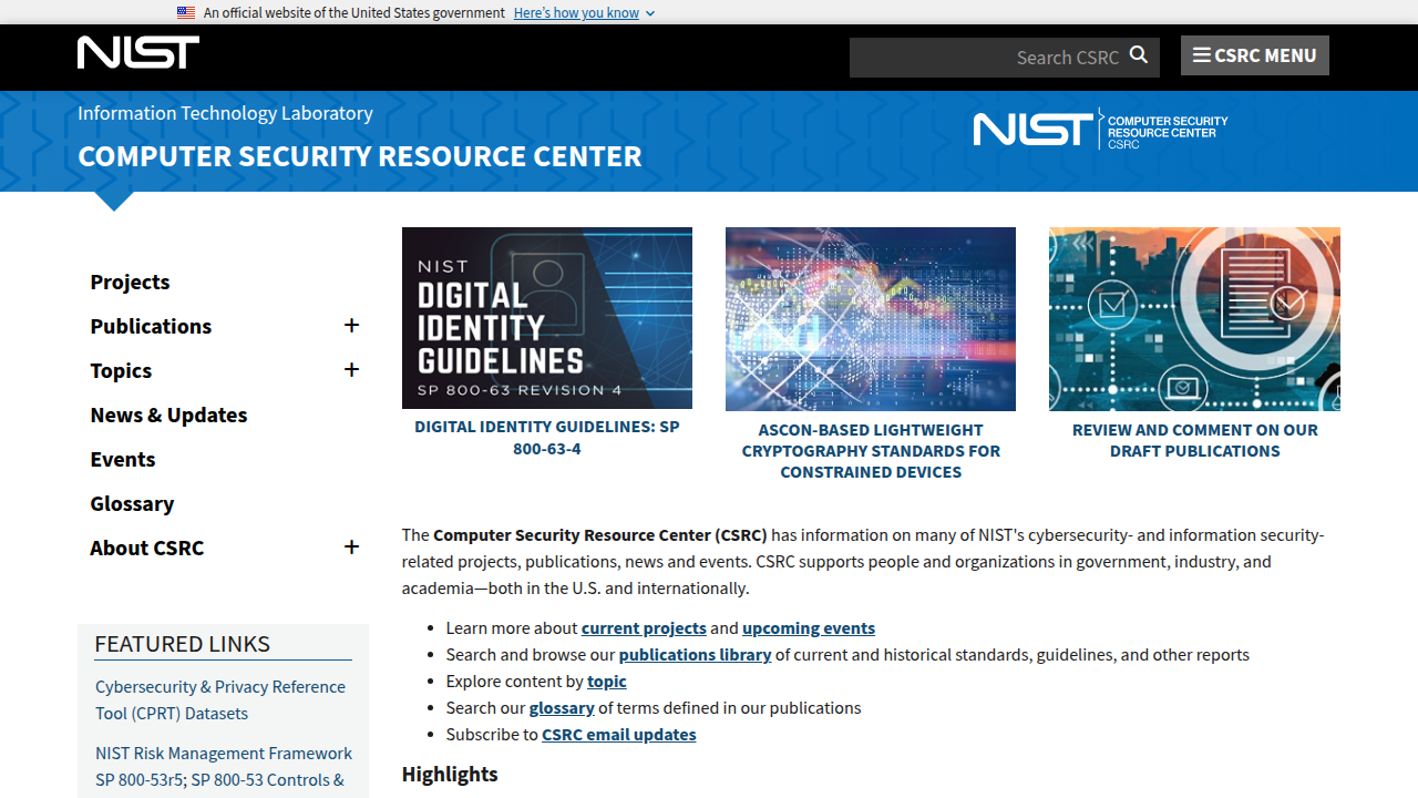 Screenshot of the National Institute of Standards and Technology (NIST) homepage, an authoritative source for cloud computing definitions and standards.