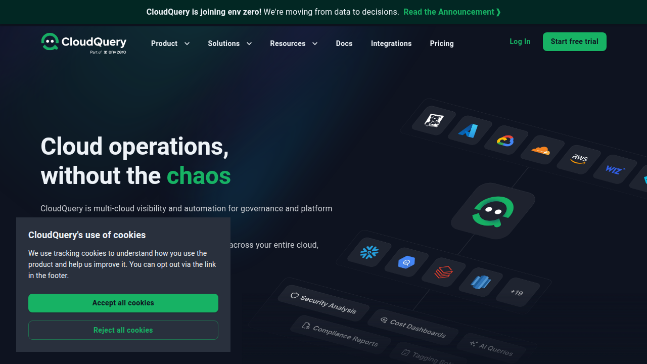 Screenshot of the CloudQuery website homepage, a platform focused on cloud governance and security, offering insights into framework design.