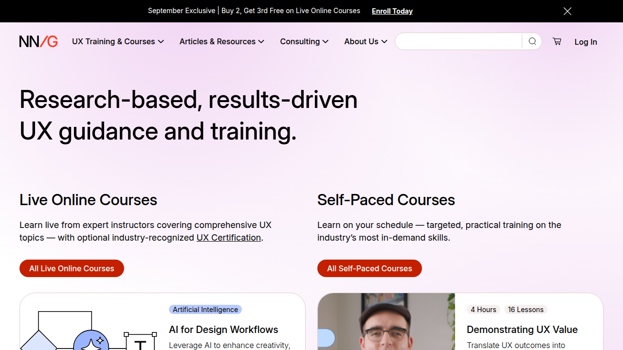Screenshot of the Nielsen Norman Group's homepage, a leading resource for UX research and insights.