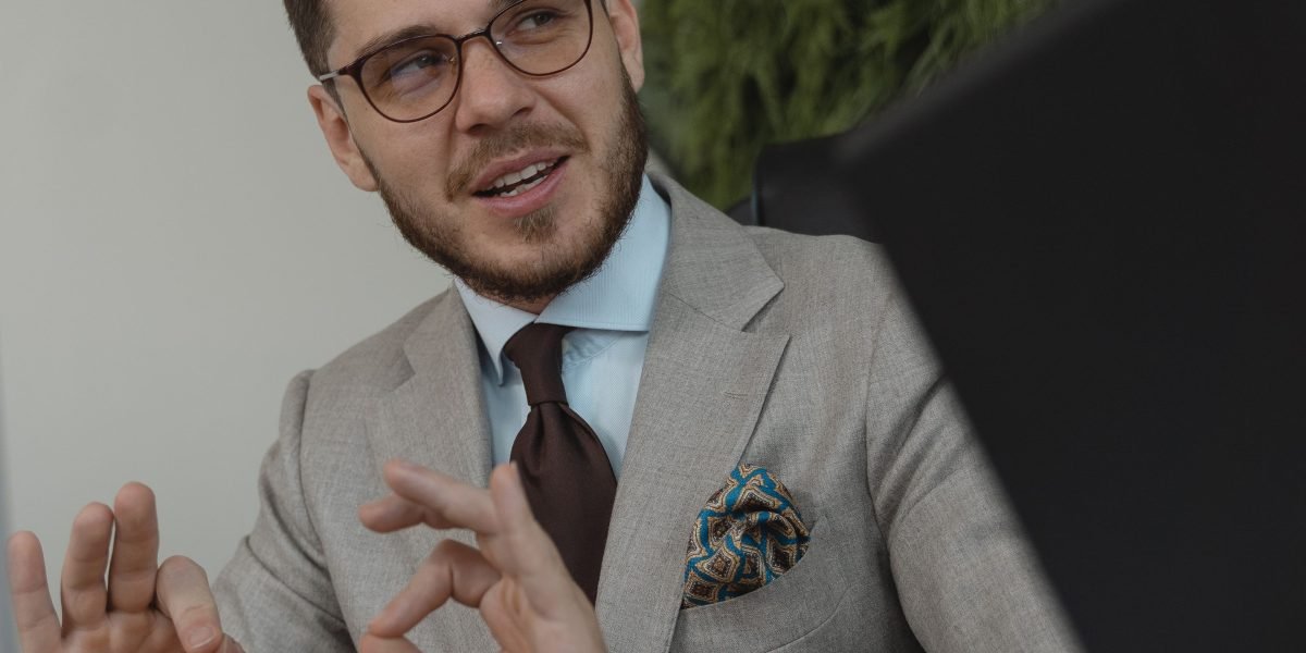 A professional confidently presenting ideas or solutions to an audience, representing trusted AI outcomes.