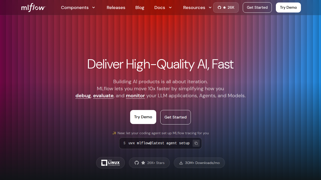 Screenshot of the MLflow website, a platform for managing the machine learning lifecycle, essential for production-ready AI agents.